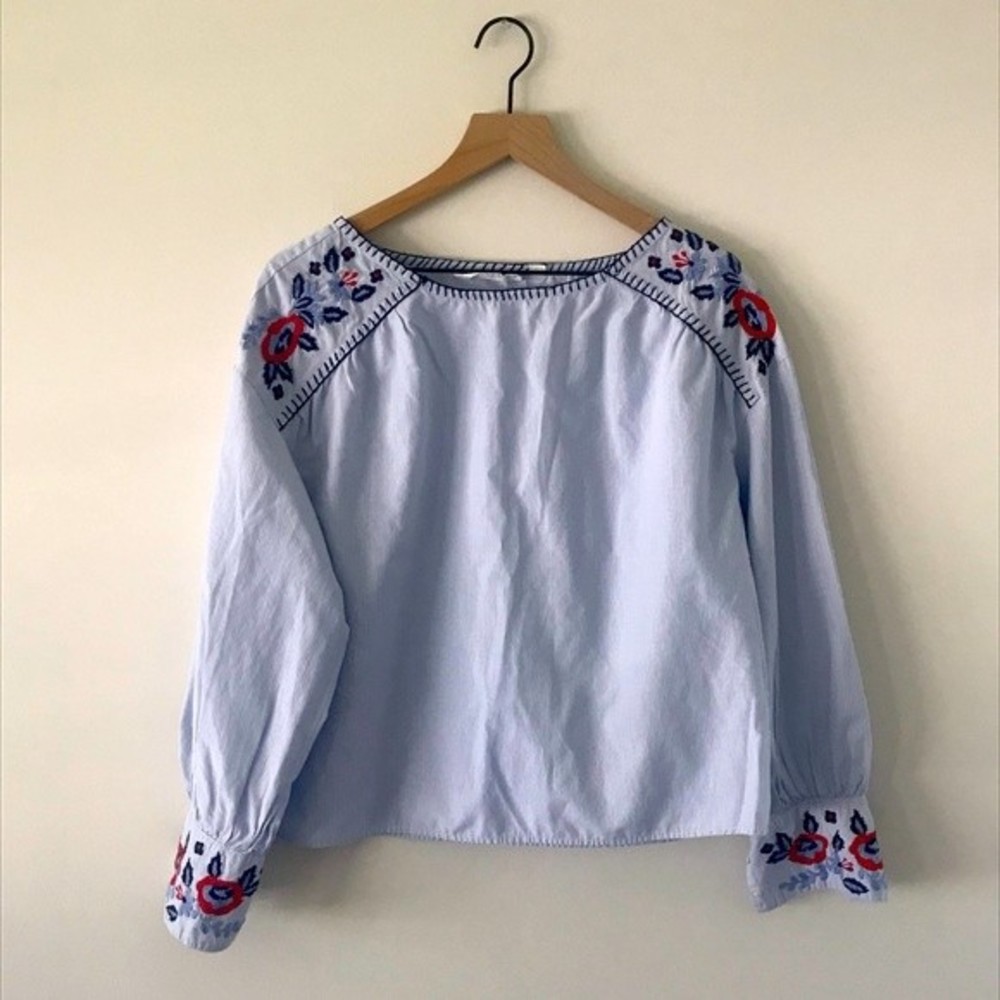 H&M Light Blue Blouse with Floral Embroidery - Size Small/Medium